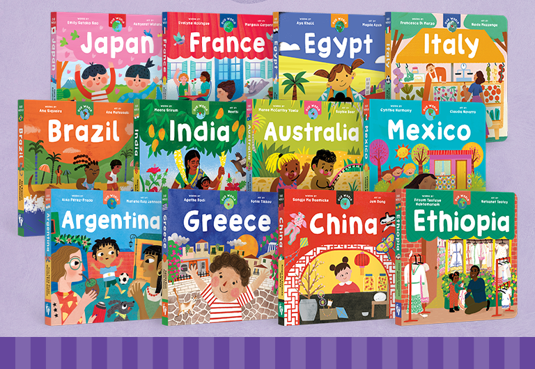 Image of three rows of books from our Our World board book series, featuring Brazil, Greece, Ethiopia, Egypt, Argentina, China, and more!